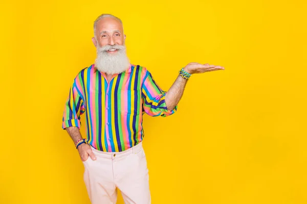Portrait Cheerful Old Man Long Beard Wear Colorful Shirt White — Stock Photo, Image