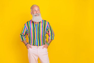 Portrait of funny old man with long beard wear colorful shirt arms in pockets look empty space isolated on yellow color background. clipart