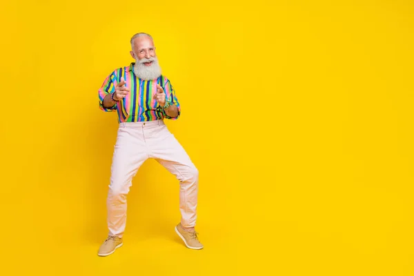 Full Length Photo Impressed Funky Man Wear Colorful Shirt Pointing — Photo