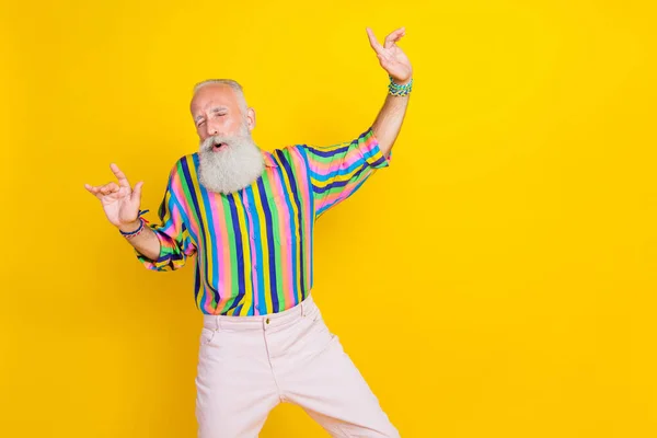 Photo Pretty Funky Man Wear Colorful Shirt Rising Dancing Discotheque — Fotografia de Stock