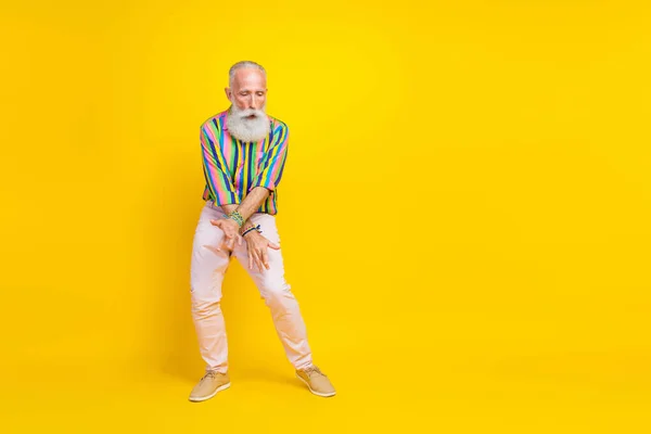 Full Length Photo Excited Cheerful Man Wear Colorful Shirt Having — Stock Photo, Image