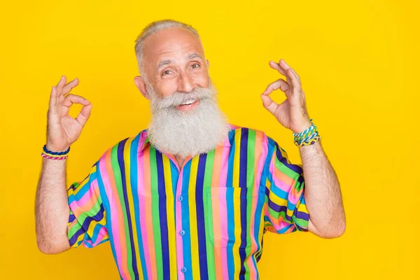 Portrait Positive Cheerful Old Man Long Beard Wear Colorful Shirt — Fotografia de Stock