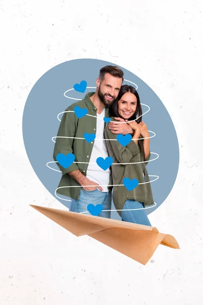 Vertical Collage Portrait Two Positive Lovers Partners Cuddle Toothy Smile — Foto de Stock