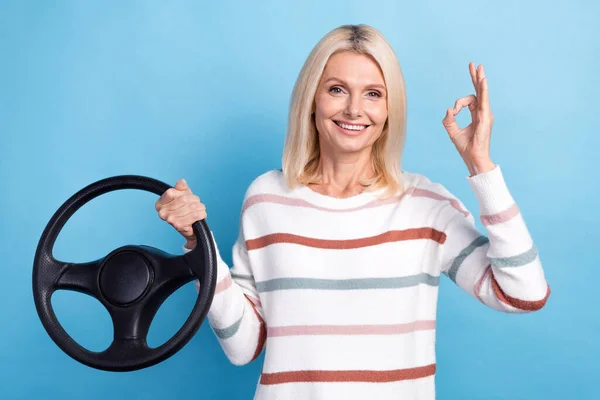 Photo Pretty Adorable Lady Wear Striped Pullover Showing Okey Driving — Stockfoto