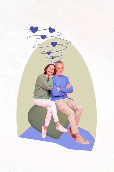 Vertical Collage Image Two Idyllic Aged People Cuddle Drawing Hearts — Photo