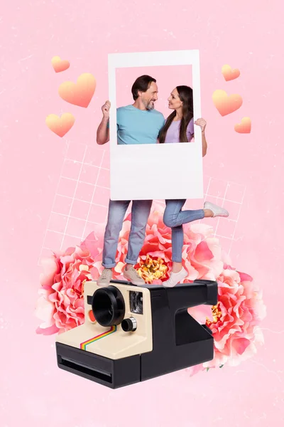 Collage Photo Romance Concept Positive Couple Two People Hold Paper — Zdjęcie stockowe
