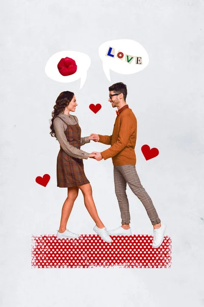 Collage Photo Poster Young Couple Dancing Together Hands Together Talking — Foto Stock