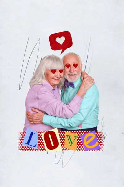 Collage Photo Greetings Postcard Valentine Day Elderly Pensioners Couple Hugs — Stock Photo, Image