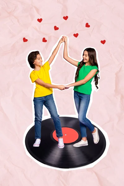 Collage Photo Concept First Relationships Little Kids Schoolboy Girl Dance — Stock Photo, Image