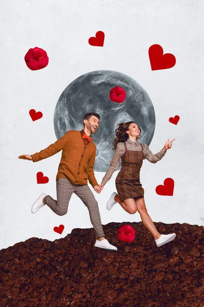 Collage Photo Advert Honeymoon Together Couple Lovely People Girlfriend Hand — Stockfoto