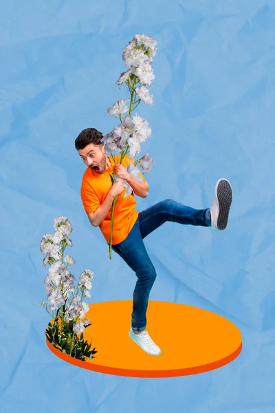 Creative poster collage of scared frightened young man looking spring bloom flowers bouquet bunch chlorophyll floriculture flora gardener.