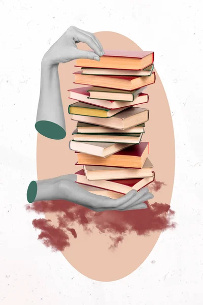 Collage Image Pinup Pop Retro Sketch Hands Holding Book Stack — Stockfoto