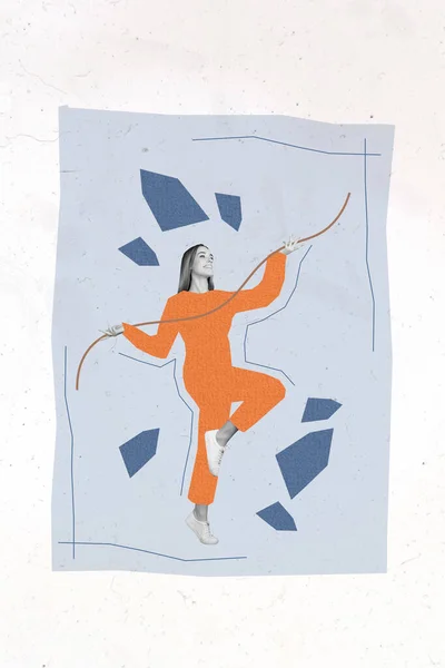 雅致迷人的年轻女子跳着漂亮可爱的橙色服装绘画的拼凑流行复古草图的学院3D图像 — 图库照片