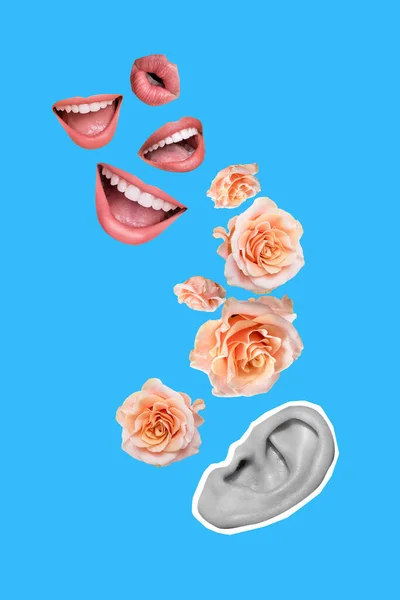クリエイティブコラージュ写真デザイン唇口話情報落下ピンク新鮮な耳の贈り物現在の贈り物青の色の背景に隔離された — ストック写真