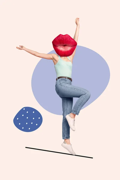 Vertical Collage Image Excited Girl Raise Hands Jumping Dancing Plump — Stok fotoğraf
