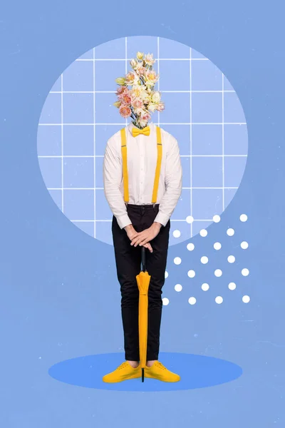 Vertical Collage Photo Young Head Mister Classy Man Yellow Suspenders — Foto de Stock