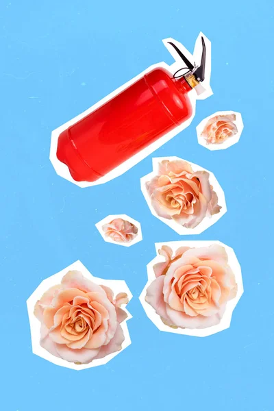 Vertical Collage Image Fire Extinguisher Fresh Beautiful Rose Flowers Isolated — Stok fotoğraf
