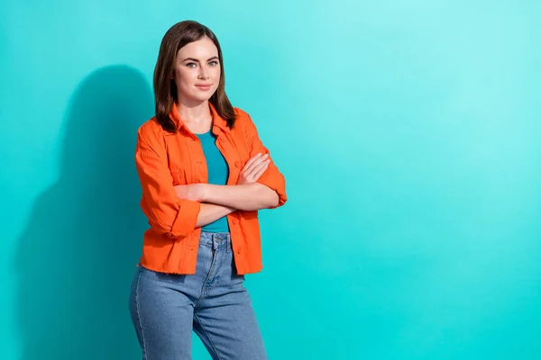 Photo of adorable lovely lady professional hr wear stylish clothes demonstrate empty space offer isolated on cyan color background.
