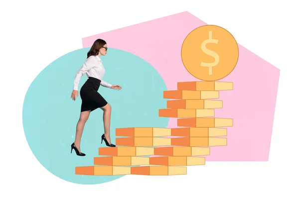Creative Photo Collage Finance Concept Business Lady Walk Climbing Upstairs — Zdjęcie stockowe