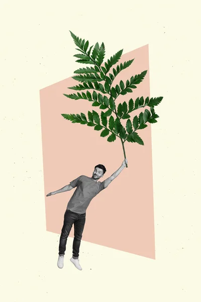 Template Creative Collage Young Guy Hold Green Fern Tree Branch — Fotografia de Stock