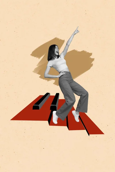 Creative Banner Collage Crazy Youth Lady Dancing Drawing Stairs Piano — Stockfoto