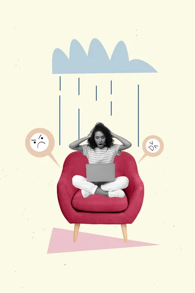 Creative Photo Collage Poster Picture Shocked Girl Sitting Home Armchair — Fotografia de Stock