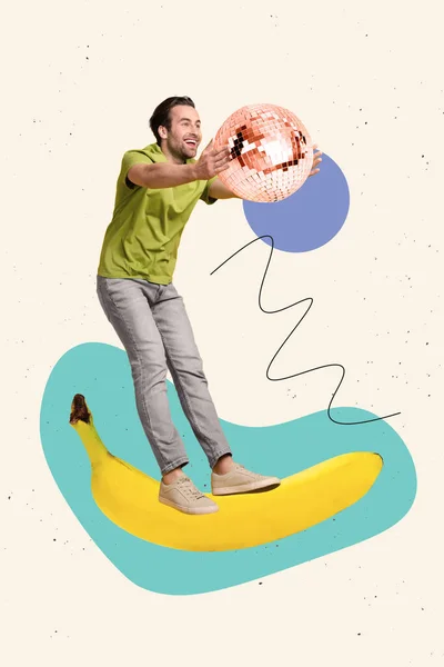 Vertical Collage Picture Excited Overjoyed Mini Guy Stand Huge Banana — Stock Photo, Image