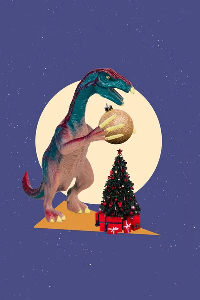 Vertical Collage Image Dinosaur Hold Newyear Tree Bauble Ball Toy — Stock fotografie