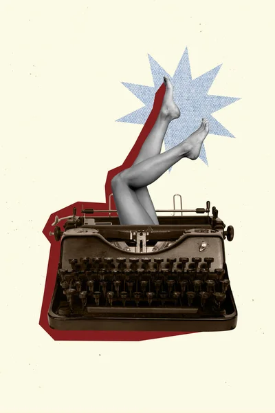 Vertical Creative Photo Collage Illustration Woman Legs Stuck Mechanical Keyboard — Stock Photo, Image