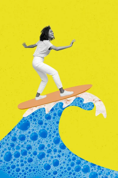 面白い若い女の子の創造的な写真3Dコラージュアートワークポスターは 絵画の背景に隔離された夏の時間趣味黄色の青の色を楽しむ — ストック写真