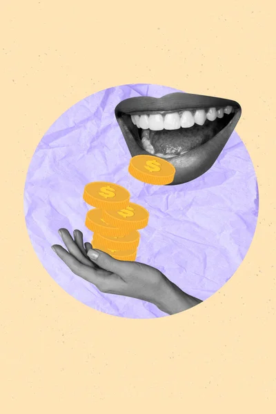 Magazine Template Collage Surreal Weird Human Lips Teeth Eating Coins — Fotografia de Stock