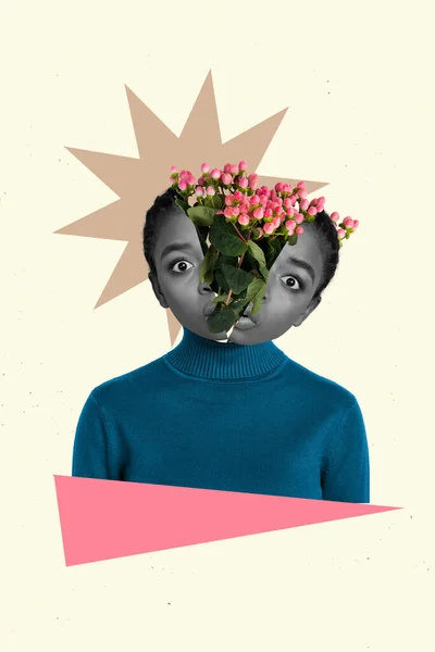 Creative Photo Collage Illustration Weird Impressed Astonished Girl Flowers Head — Foto Stock