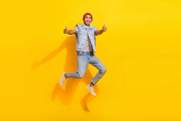 Full Length Photo Cool Cheerful Guy Dressed Denim Clothes Jumping — Foto Stock