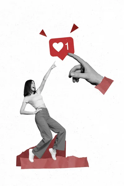 Exclusive Magazine Picture Sketch Collage Image Carefree Lady Pointing Heart — Foto Stock