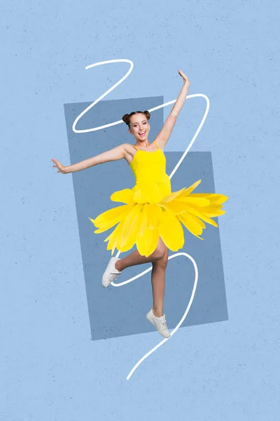 Collage Photo Dancing Springtime Lover Wear Yellow Fresh Natural Daisy — Stock Photo, Image