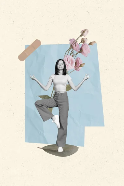 Gambar Kolase Majalah Artwork Wanita Yang Bermimpi Tersenyum Menikmati Yoga — Stok Foto