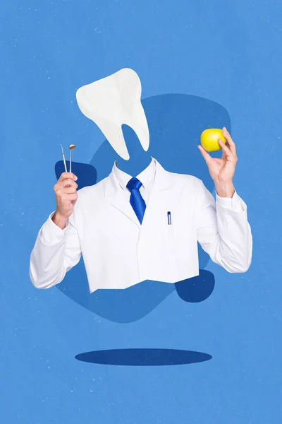 Vertical Collage Picture Dentist Doctor Big Tooth Instead Head Hands — Fotografia de Stock