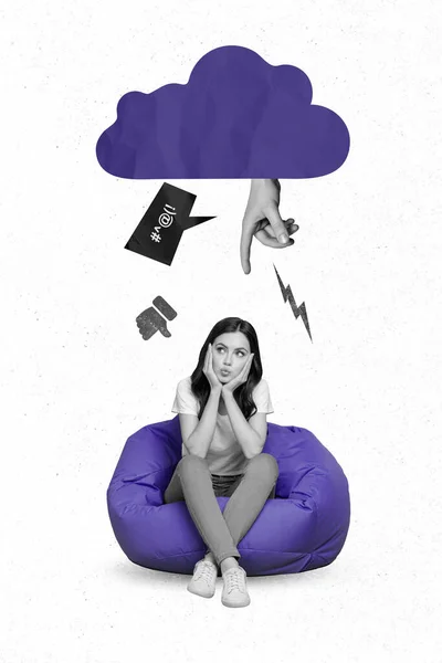 Creative Photo Collage Artwork Graphics Painting Unhappy Lady Sitting Beanbag — Stock Photo, Image