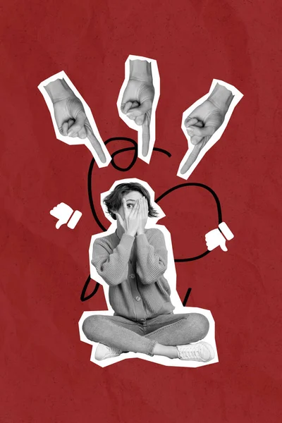 Artwork Magazine Collage Picture Arms Pointing Scared Lady Covering Face — Foto Stock