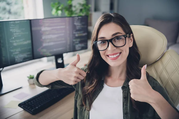 Photo Happy Cheerful Lady Content Maker Wear Glasses Smilig Showing — Foto Stock