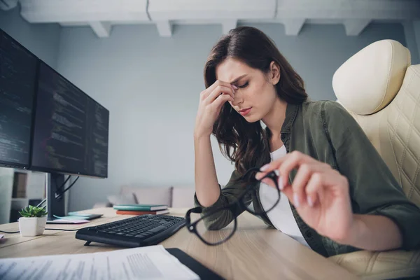 Photo Stressed Depressed Sad Lady Site Developer Suffer Headache Hard — Foto de Stock