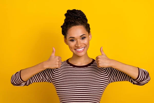 Portrait Pretty Positive Girl Two Hands Fingers Demonstrate Thumb Isolated — Stockfoto