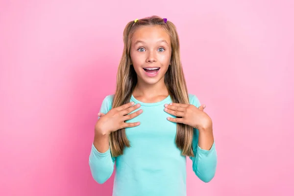 Photo Young Small Pretty Schoolgirl Toothy Excited Touch Chest Reaction — Foto Stock