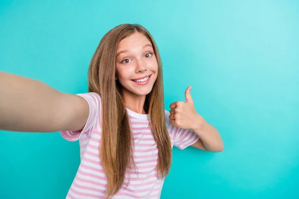 Portrait Positive Cute Person Make Selfie Demonstrate Thumb Approve Isolated — Fotografia de Stock
