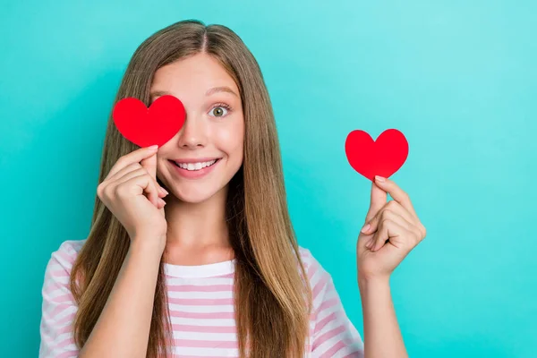 Photo Tricky Charming Girl Dressed Pink Shirt Smiling Holding Heart — Stockfoto