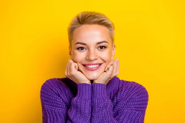 Portrait Photo Adorable Pretty Smiling Lady Short Blonde Hair Touch — Stockfoto