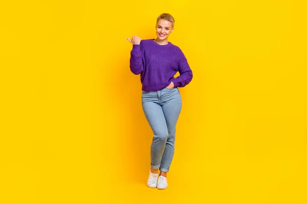 Full Length Photo Cheerful Satisfied Person Indicate Thumb Finger Empty — Stockfoto