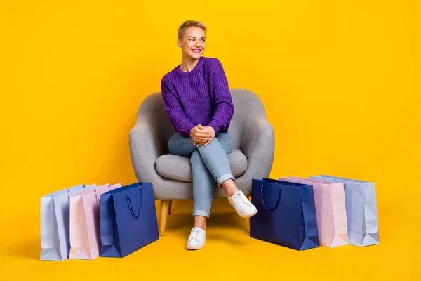 Full Body Photo Cheerful Minded Lady Sit Chair Look Empty —  Fotos de Stock