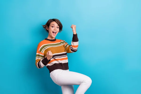 Photo Impressed Funny Girl Short Hairstyle Dressed Striped Pullover Raise — Foto de Stock