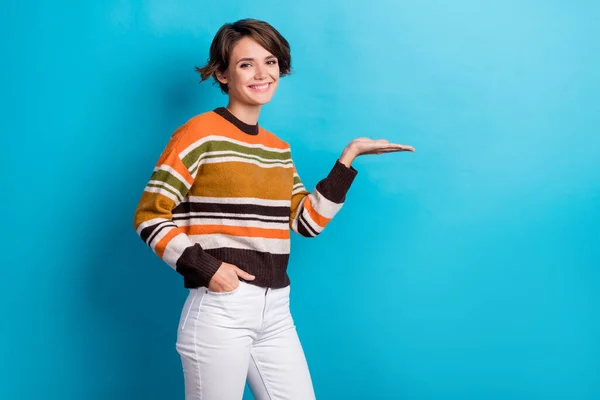 Photo Sweet Shiny Woman Dressed Striped Pullover Smiling Holding Arm — Stockfoto